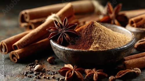 Fototapeta Naklejka Na Ścianę i Meble -  Close-up photo of spices displaying cinnamon sticks star anise and ground spice in a bowl, Generative ai