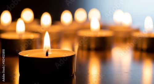 Row of glowing tea light candles burning in darkness