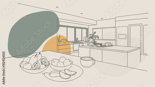 Elegant line art depiction of a stylish, contemporary kitchen with fresh fruit and a beverage cup on the counter, showcasing modern home living and healthy food preparation.