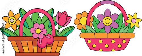 flower basket cartoon, cute floral vector, gardening clipart svg, spring flowers illustration, nature bloom art, home decor plant, colorful bouquet icon, aesthetic flower artwork, pretty nature png, g