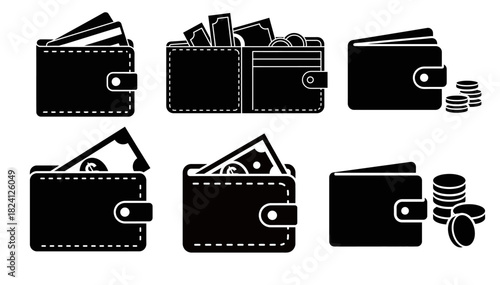 Set of Black Wallets Various Designs and Financial Storage Concepts for Finance & Economy