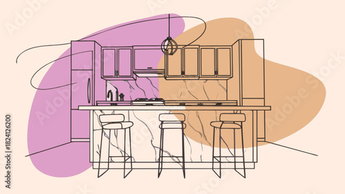 Modern kitchen interior line art illustration with contemporary design elements, bar counter, stools, and appliances, featuring abstract color blocks and an inviting atmosphere for daily living.