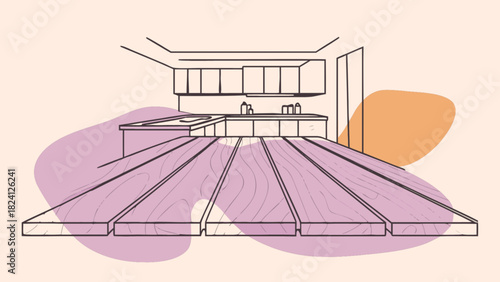 Minimalist kitchen interior line art illustration with modern wooden floor perspective and pastel abstract shapes, home decor design concept, clean digital drawing, vector graphic.