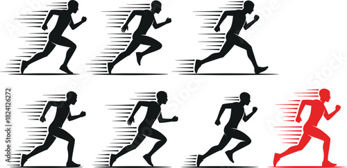 Set of Running Man Silhouettes Vector Graphics with Speed Lines, Ideal for Sports Logos, Fitness Branding, Marathon Events, Racing Concepts, and Energetic Movement