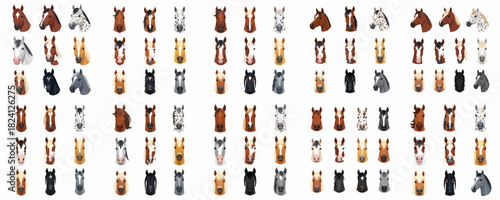 Large collection of diverse horse head portraits featuring various breeds, colors, and facial markings in a flat graphic illustration style, isolated on white.