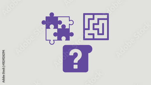 An illustration with puzzle pieces, a maze, and a question mark on a light gray background design