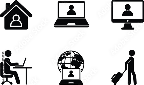 Vector Icon Set of Remote Work, Telecommuting, and Digital Nomadism, Featuring Home Office, Video Conference, Laptop, Desktop Monitor, and Travel with Luggage Symbols