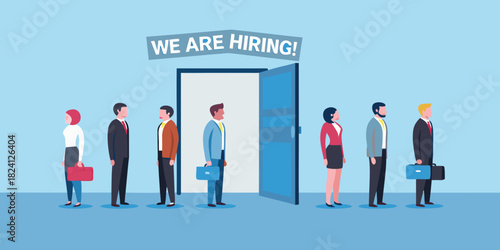 Diverse group of professionals waiting in line for job opportunities