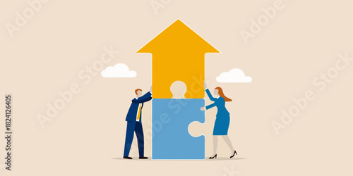 Business partners assembling a growth arrow puzzle piece by piece
