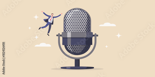 Man celebrating next to a vintage microphone with stars and clouds