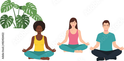 Vector Illustration of Diverse People Sitting in the Lotus Position and Meditating, Representing Mindfulness, Yoga, Wellness, Mental Health, Relaxation, and Inner Peace