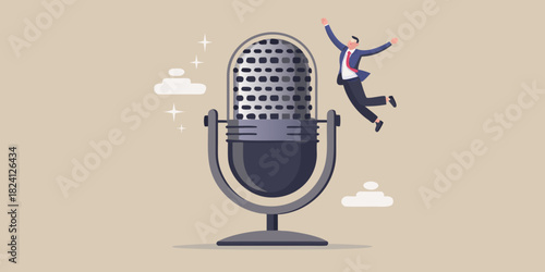Excited businessman jumps for joy next to a vintage microphone