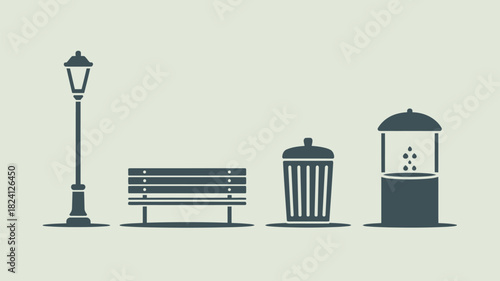 A simple illustration of a park scene with a lamp post bench trash can and water fountain design style
