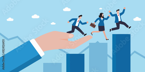 Business team progress supported by helping hand on growth chart