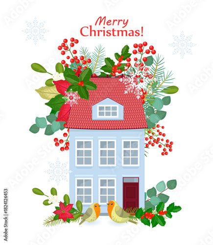 isolated cozy house with new year blooms. card with cute residence with blooming christmas flowers. building with holiday flora and couple birds