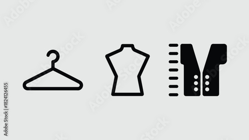 A simple illustration of a hanger, a dress form, and a vest with buttons on a light gray background
