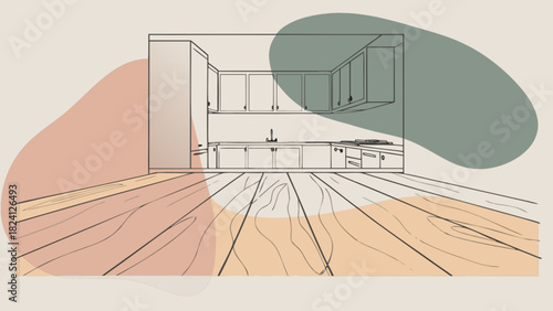 Modern minimalist kitchen interior line art illustration with a warm wooden floor perspective and abstract organic shapes, ideal for home design, renovation, and lifestyle concepts.