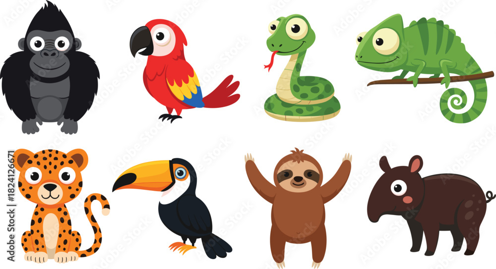 Obraz premium Cute Cartoon Jungle and Rainforest Animals Vector Set, Featuring Gorilla, Macaw Parrot, Snake, Chameleon, Jaguar, Toucan, Sloth, and Tapir for Children's Design