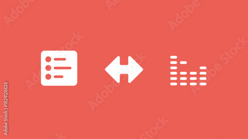 Three white icons on a coral background showing a list, arrows pointing left and right, and sound bars