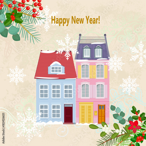 banner with snow cozy houses . card with frame of blooming christmas flowers. buildings with holiday flora on vintage background