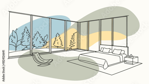 Modern minimalist bedroom interior design illustration with expansive floor-to-ceiling windows showcasing a tranquil natural winter forest landscape, cozy bed, and stylish lounge chair.