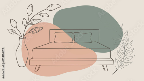 Minimalist bedroom line art illustration with a bed, pillows, and decorative plants in a vase, featuring abstract organic shapes in muted tones for a serene interior design concept