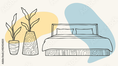 Minimalist bedroom interior design with cozy bed, pillows, and decorative potted plants, featuring modern line art illustration on a light background with abstract color shapes.
