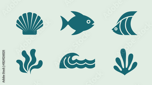 A collection of six marine themed icons including fish, seaweed, seashell and wave illustrations