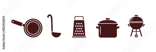 Cooking icon set featuring glyphs. Illustrations of kitchen utensils and food prep tools. Symbols include frying pan, pot, whisk, grater, ladle, and barbecue. Culinary tools for creating meals .