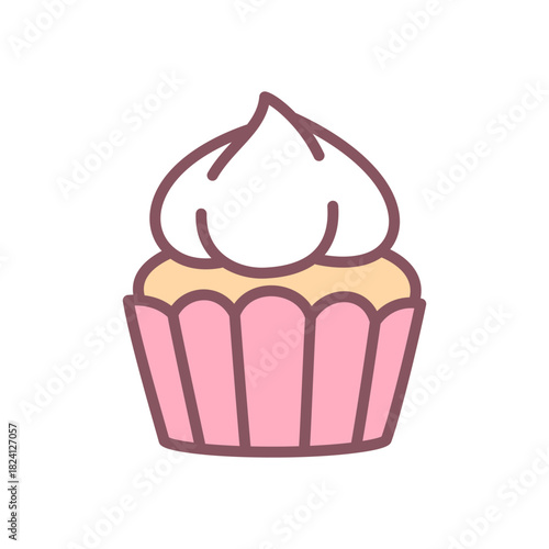 Cute cupcake icon. Hand drawn illustration of a classic cupcake with whipped topping in gentle pastel colors. Kawaii sticker. Vector 10 EPS.