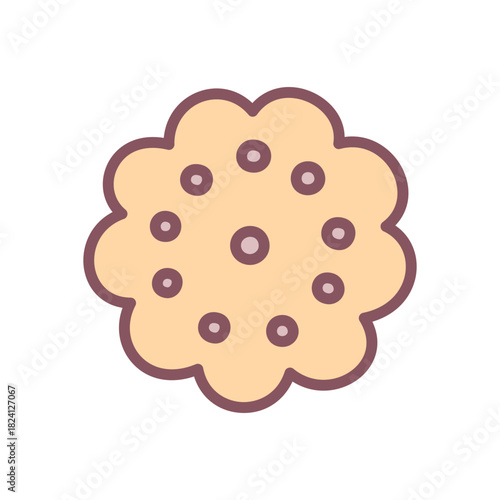 Cute cookie icon. Hand drawn illustration of a round cookie, sweet confection in gentle pastel colors. Kawaii sticker. Vector 10 EPS.