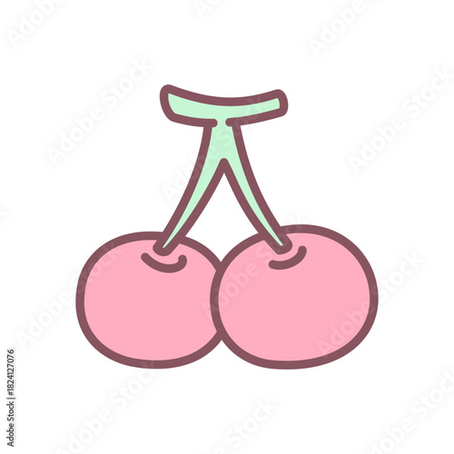 Cute cheery icon. Pair of sweet cherries on a stem, minimal pastel styling for girly designs. Kawaii sticker. Vector 10 EPS.
