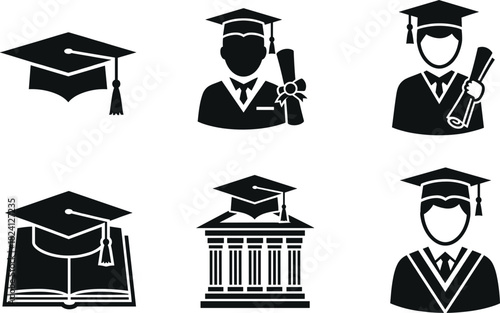 Black Vector Icon Set of Graduation and Education Symbols, Featuring Graduates with Diplomas, Mortarboards, an Open Book, and a University Building for Academic Achievement