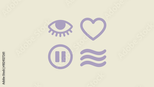 Four pale purple icons arranged in a square on a pale background with an eye heart pause and waves