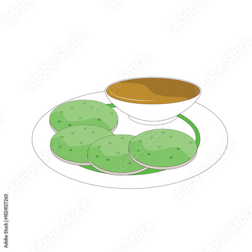 Flat Illustration of Serabi on a white plate. Serabi is an Indonesian pancake that is made from rice flour with coconut