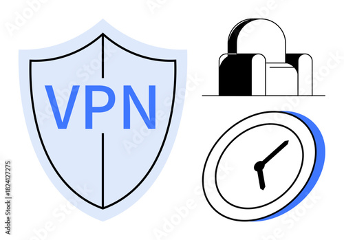 Security shield with VPN text, abstract building structure, and clock highlighting protection, privacy, architecture, time management, cybersecurity, remote work and technology themes. Ideal