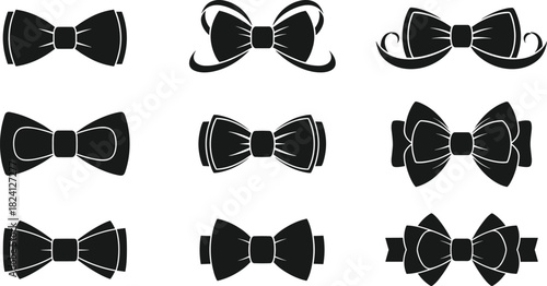 Collection of Black Bow Tie Silhouettes Vector Set - Formalwear Accessory Icons for Fashion, Gentleman, and Wedding Designs
