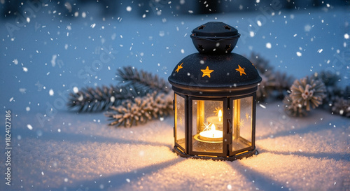 Winter lantern glowing in snow with falling snowflakes and pine branches  