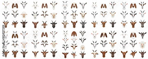 A large collection of diverse, smiling goat heads in flat cartoon style, representing various domestic breeds on a white background.