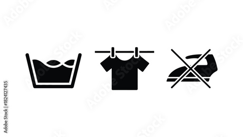 Three laundry symbols in black and white showing washing drying and no ironing for garment care guide