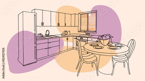 Line art illustration of a modern kitchen interior design featuring a refrigerator, built-in cabinets, a sink, stove, and a dining area with a table and chairs, depicting a comfortable home setting.