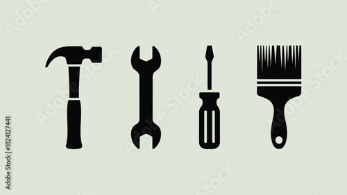 A simple graphic featuring a hammer, wrench, screwdriver, and paintbrush in black on a light background