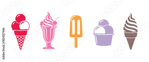 A set of colorful ice cream icons on a white background. Includes balls in a waffle cone, a soft serve sundae in a glass, and a popsicle on a stick.