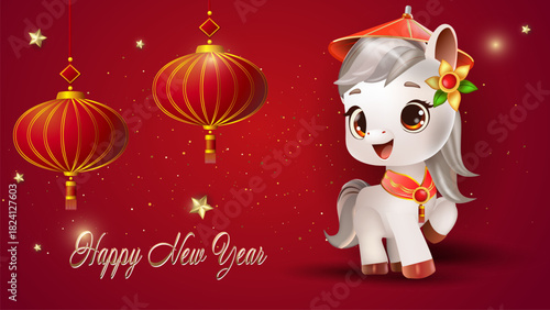 New Year's card with a little horse and Chinese lantern fans