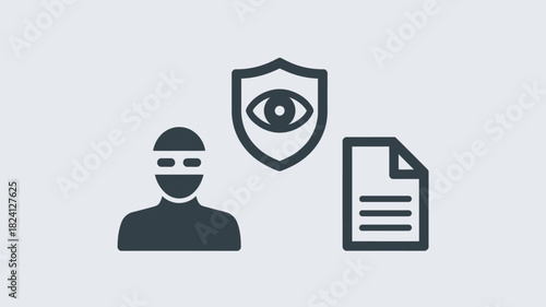 Illustration of a thief, a shield with an eye, and a document on a light gray background image