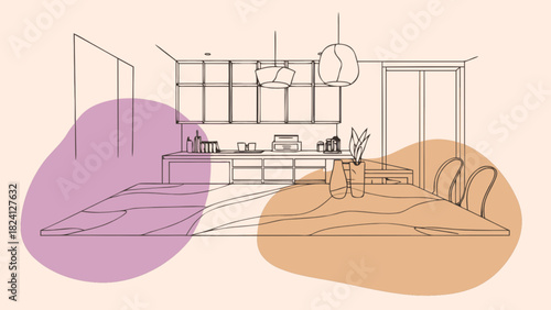 Modern kitchen and dining room line art illustration featuring a minimalist aesthetic with abstract color accents, ideal for home decor and interior design concepts.