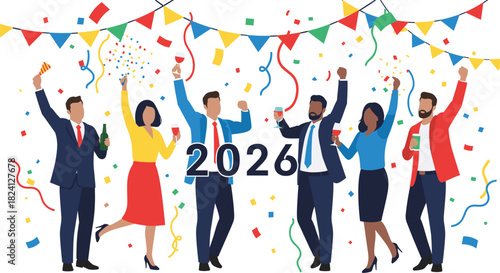 Group of Business People Celebrating the New Year 2026 with Confetti, Streamers, and Colorful Bunting Flags, Symbolizing Success, Corporate Party, and Festive Teamwork