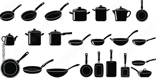WebCooking pan and pot silhouette vector set. Kitchen utensils collection of frying pans, woks, stockpots, and teapots for culinary equipment icons.