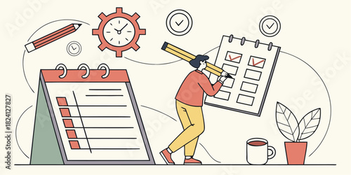Visualize Project Management Success: A Modern Illustration of a Person Planning Tasks, Marking Calendar Items, and Organizing Schedules for Peak Productivity