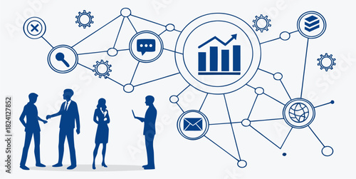 Business team connecting with global network for data driven growth, modern business people working together, business intelligence, strategy, network